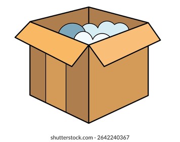 Cardboard box with goods, open parcel - vector full-color image. Packaging, open box, receiving parcel.