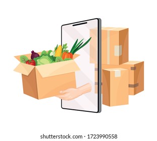 Caja de cartón con productos y pantalla de la ilustración de vectores de teléfonos móviles