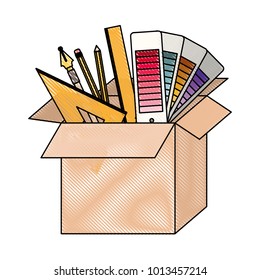 cardboard box with graph design tools in colored crayon silhouette