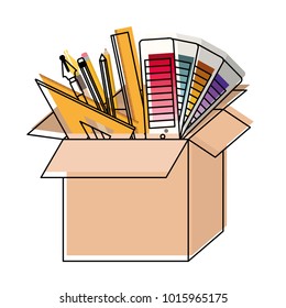 cardboard box with graph design tools in watercolor silhouette