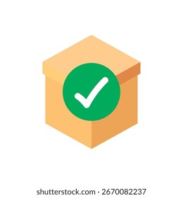 Caixa de papelão com símbolo de marca de seleção círculo verde confirmando a entrega bem-sucedida. Ilustração vetorial.