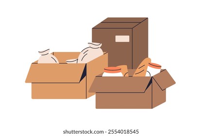 Cardboard box with groceries, food supplies. Packed carton containers for delivery and donation. Goods, items for storage and shipment. Flat graphic vector illustration isolated on white background