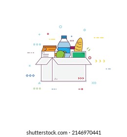 Cardboard box with groceries and fruits. Water bottle, milk bag and fresh food from local food market. Basket with food and drink. Line style cardboard box flat style vector illustration. 