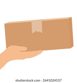 Cardboard box in hand. Parcel delivery concept. Hand hold cardboard box isolated on white background. Vector illustration