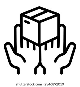 Cardboard box in hands line icon, delivery service symbol, courier holding drawer parcel vector sign on white background, cargo logistics in outline for mobile. Vector graphics.