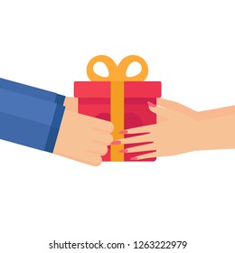Cardboard box in hands. Receive gift Valentine's Day