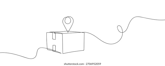 A caixa de papelão tem um mapa de pinos no topo, em uma linha contínua. em uma linha contínua.