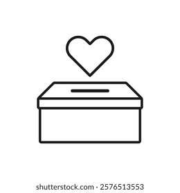 Cardboard box with hole and heart icon. Vector. Line style. Donation box.