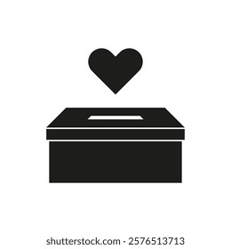 Cardboard box with hole and heart icon. Vector. Flat design. Donation box.