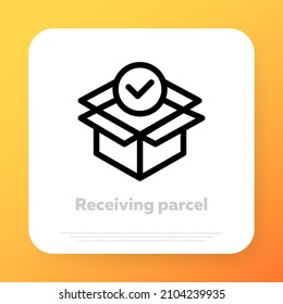 Cardboard box icon. Delivery of purchases from the store. Receive order. Vector illustration. Can be used for topics such as applications, web design, websites, delivery, courier.