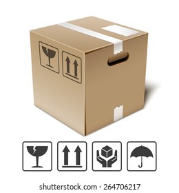 Cardboard box icon with fragile signs, vector