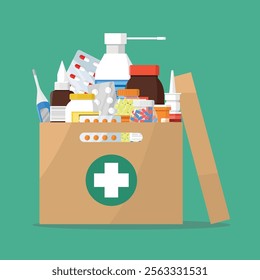 Cardboard box icon with medical supplies and medicines. Humanitarian and medical aid.