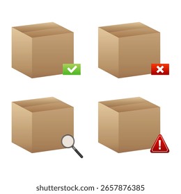 Ícone de caixa de cartão definido aprovados, rejeitados, verificados e símbolos de pacote de aviso. Ilustração vetorial