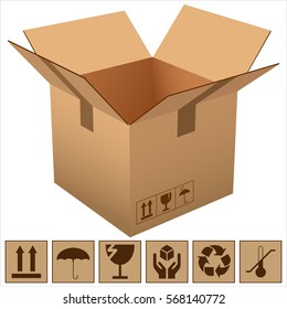 Cardboard Box And Icons Of Fragility And Recycling Vector Illustration