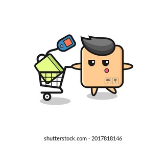 cardboard box illustration cartoon with a shopping cart , cute style design for t shirt, sticker, logo element