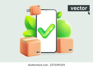 Cardboard box illustration with smartphone, green leaves and sphere. Eco friendly template in Realistic 3D style. Vector illustration in fun plastic style. Perfect template for mail, online shopping.