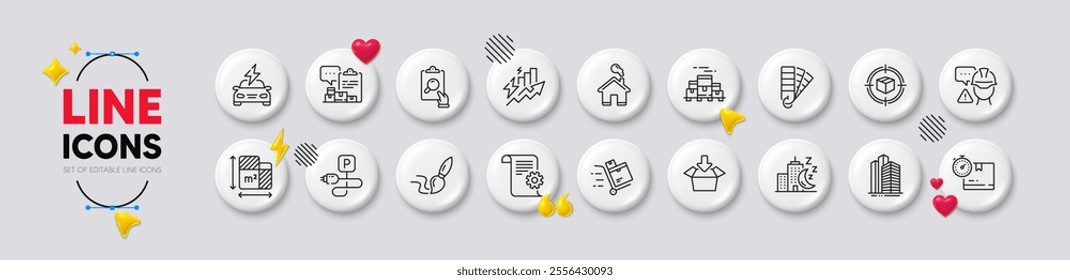 Cardboard box, Inspect and Brush line icons. White buttons 3d icons. Pack of Skyscraper buildings, Inventory report, Parcel tracking icon. Night city, Floor plan, Inventory cart pictogram. Vector