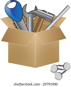 cardboard box with instruments for building