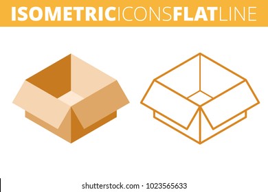 The cardboard box. Isometric flat and outline icon set. The empty paper package, post carton line pictograms. Vector linear infographic element. The packaging container 3d and outlined symbols.