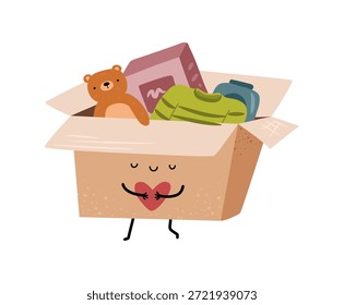 Caja de cartón con artículos para la donación. Vector en estilo plano, paquete aislado para personas pobres que contiene juguetes para niños, ropa de abrigo, alimentos y productos de higiene. Caridad, apoyo y ayuda