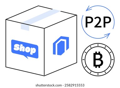 Cardboard box labeled Shop next to Bitcoin symbol and P2P exchange arrows. Ideal for e-commerce, payment systems, cryptocurrency transactions, peer-to-peer services, online shopping, digital