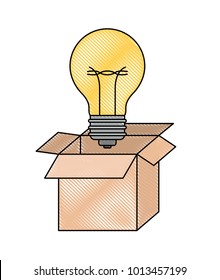 cardboard box and light bulb in colored crayon silhouette