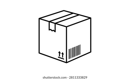 Cardboard box line drawing representing shipping package with delivery fragile arrows and printed barcode.