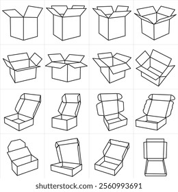 Cardboard box line icon set. Carton container unpacking process vector illustration. Empty cargo package symbol for shipping or delivery service. Isometric transportation boxes set