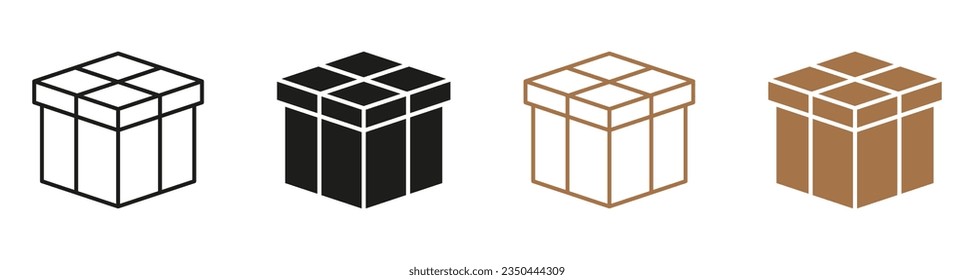 Cardboard Box Line and Silhouette Icon Set. Carton Parcel Symbols Collection. Cargo Pack, Post Delivery Service. Closed Package Black and Color Pictogram. Gift Sign. Isolated Vector Illustration.