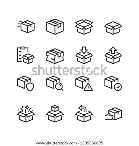 Cardboard box, linear style icons set. Parcel. Packing material made of cardboard. for storage and transportation. Editable stroke width