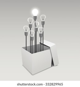 Cardboard box with lit light bulb. Vector Illustration
