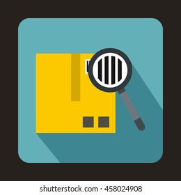 Cardboard box and magnifying glass icon in flat style on a baby blue background