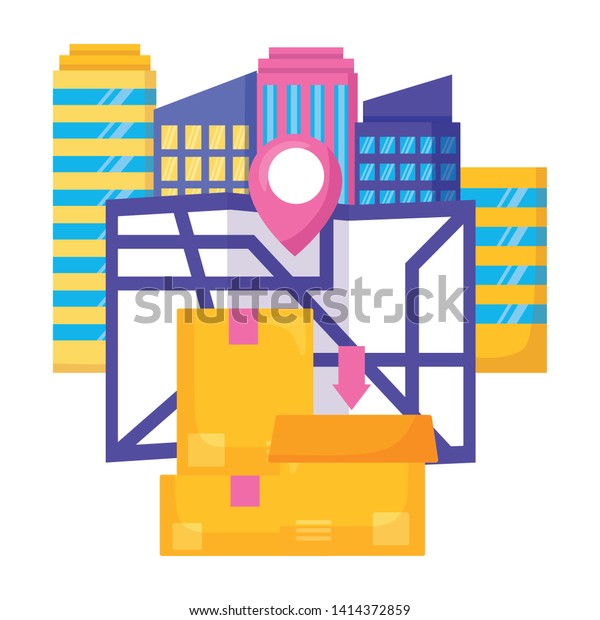 cardboard box map location city fast\
delivery vector\
illustration