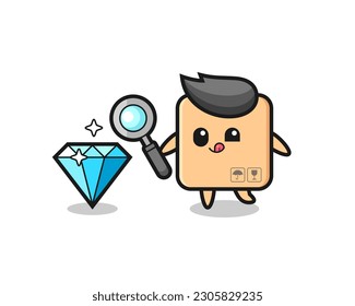 cardboard box mascot is checking the authenticity of a diamond , cute style design for t shirt, sticker, logo element