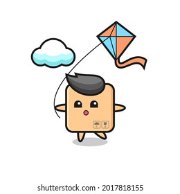 cardboard box mascot illustration is playing kite , cute style design for t shirt, sticker, logo element