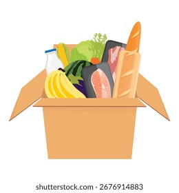 Caja de cartón con carne, pescado, pan, leche, verduras y frutas. Donaciones de alimentos o concepto de entrega de alimentos. Aislado sobre fondo blanco. Ilustración vectorial