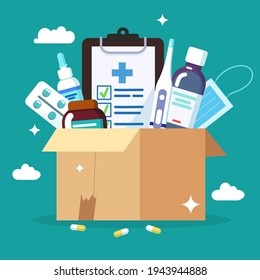 Cardboard box with medicines, thermometer, pills, medical mask, etc. Flat vector illustration
