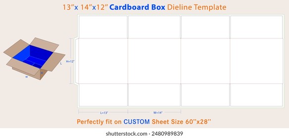 Cardboard box in Medium Size 13 x 14 x 12 inches Dieline Template. A box is a container with a dimensional structure used to store, protect, and transport items.