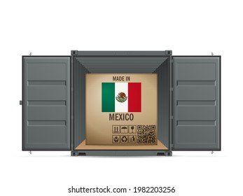 Cardboard box Mexico in cargo container on a white background. Vector illustration.