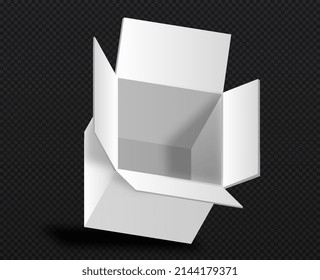 Cardboard box mockup. Gifts for users. Promotion of goods on Internet, advertising poster for website. Lottery and prizes for buyers, rendering of 3D objects. Realistic isometric vector illustration