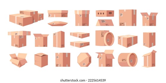 Cardboard box mockup. Open closed carton packaging templates, paper cargo shipping parcel elements flat style delivery storage concept. Vector collection of cardboard packaging box illustration