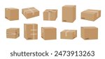 Cardboard box mockup set. Carton packaging box collection with tape and transportation symbols isolated vector illustration