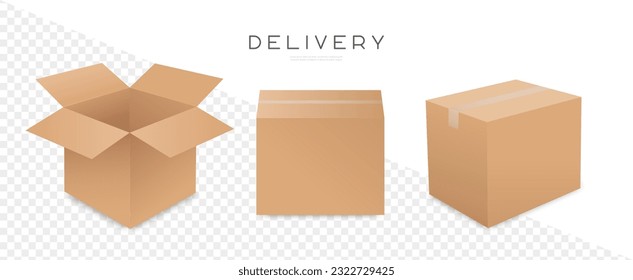 Cardboard box mockup set. Carton delivery packaging opened and closed boxes. Vector illustration EPS10