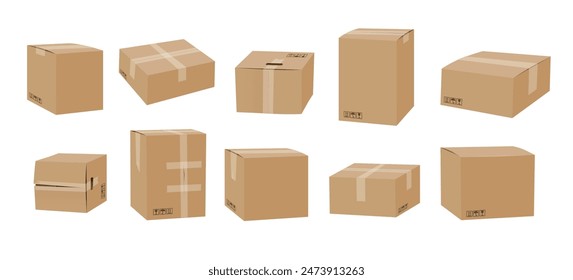 Cardboard box mockup set. Carton packaging box collection with tape and transportation symbols isolated vector illustration