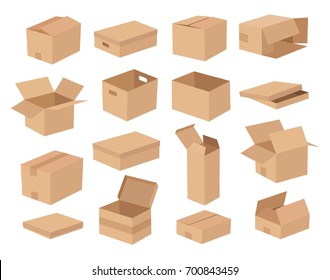 Cardboard box mockup set. Illustration of 16 cardboard box cartoon style mockups 