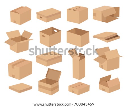 Cardboard box mockup set. Illustration of 16 cardboard box cartoon style mockups 