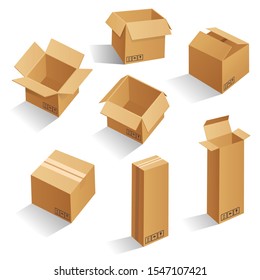 Cardboard box mockup set. open and closed mockup, isolated on white background. Brown delivery set vector. Realistic illustration