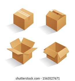 Cardboard box mockup set. open and closed mockup, isolated on white background. Brown delivery set vector. Realistic illustration