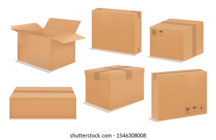Cardboard box mockup. Set realistic Brown box. Vector illustration