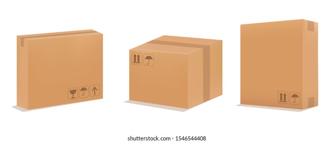 Cardboard box mockup. Set realistic Brown box. Vector illustration